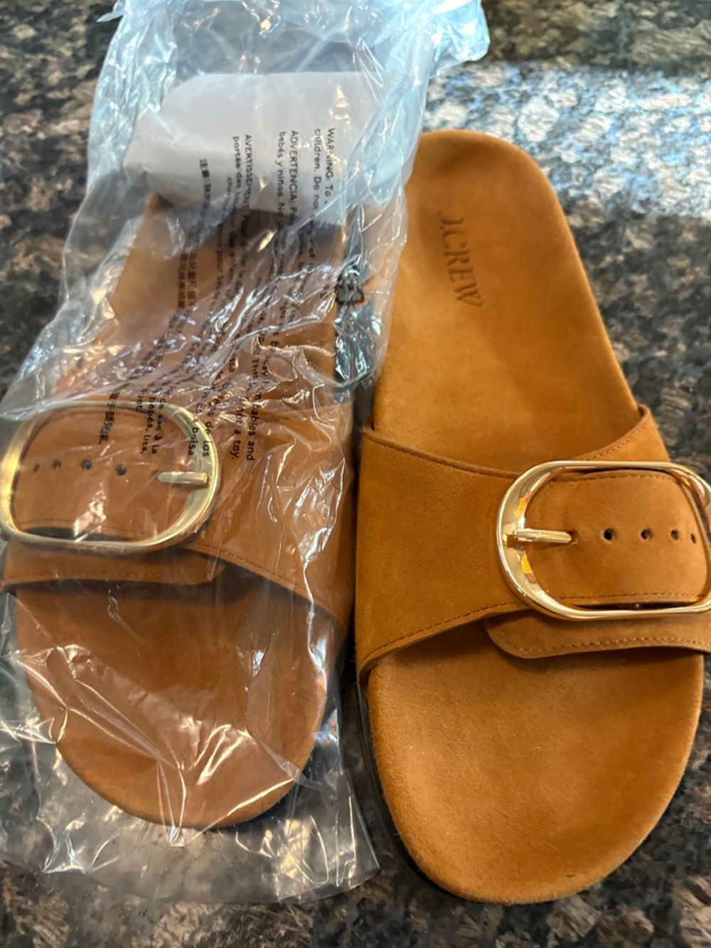 J. Crew Tan Suede Slide Sandals with Gold Buckle